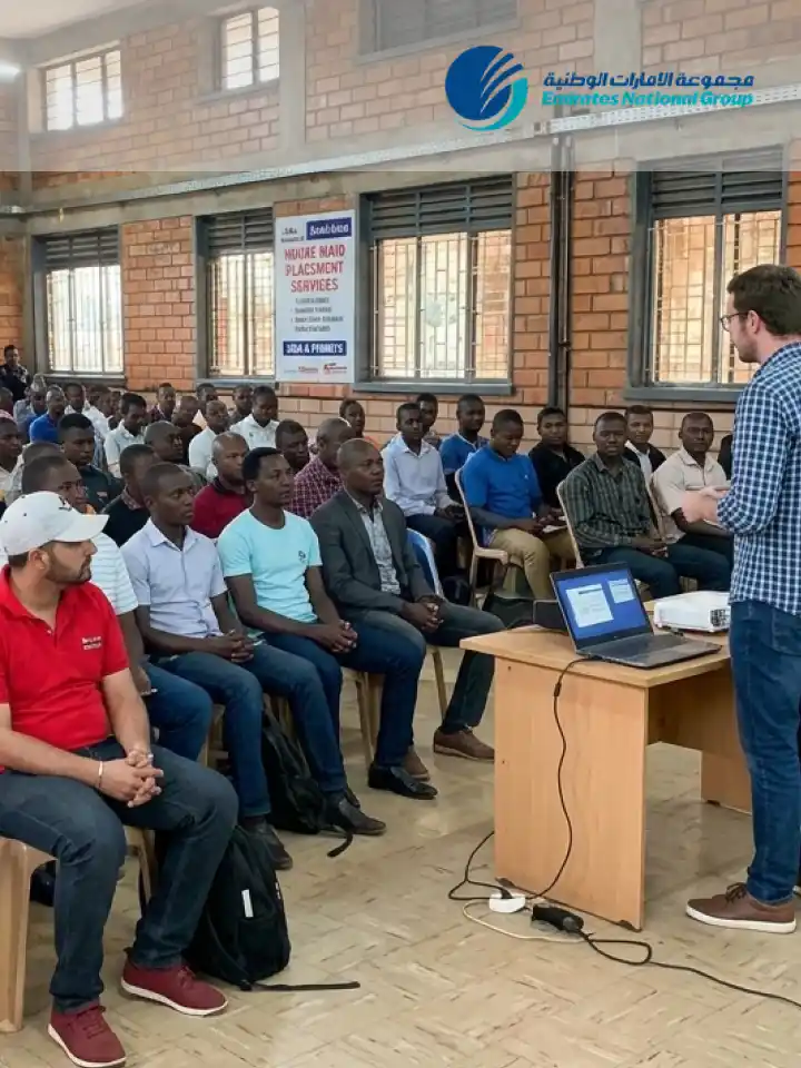 Worker orientation and briefing session in a hall